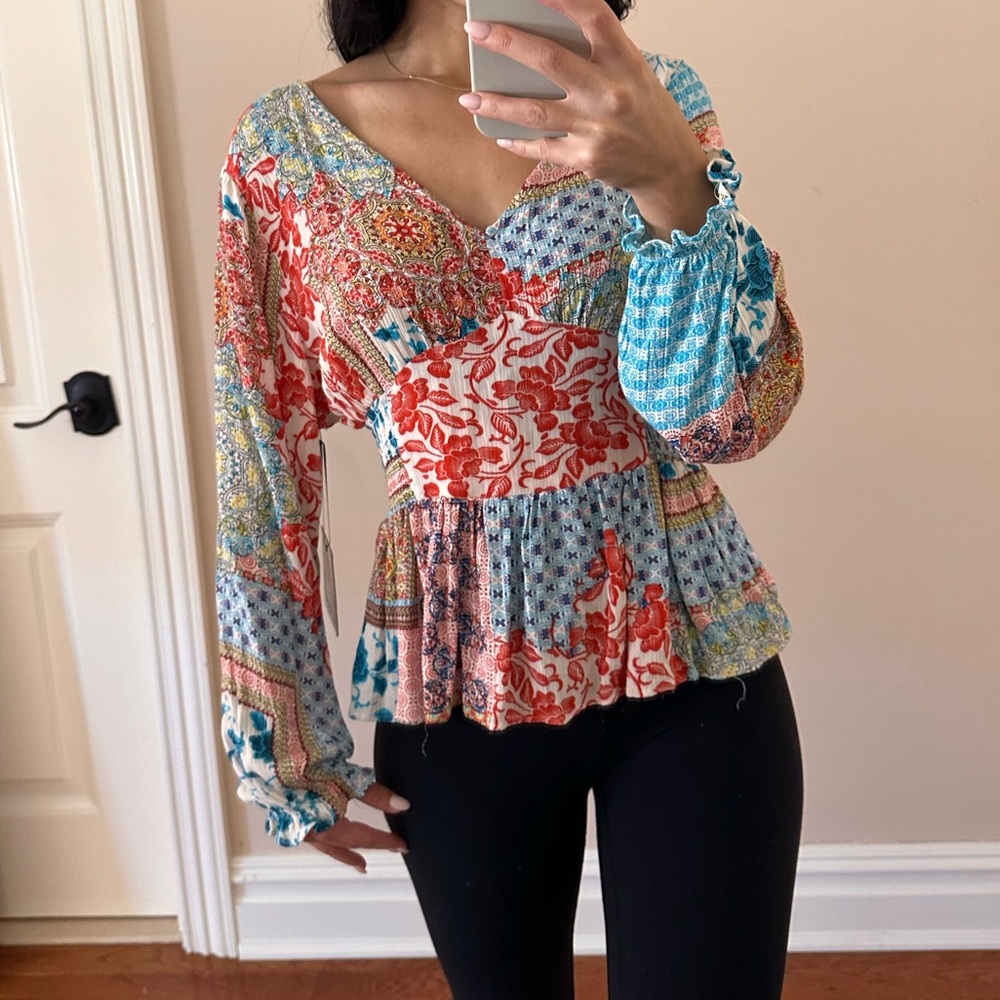 Cliche V Neck Smocking Waist Long Sleeve Patchwork Print Cotton Viscose Blouse